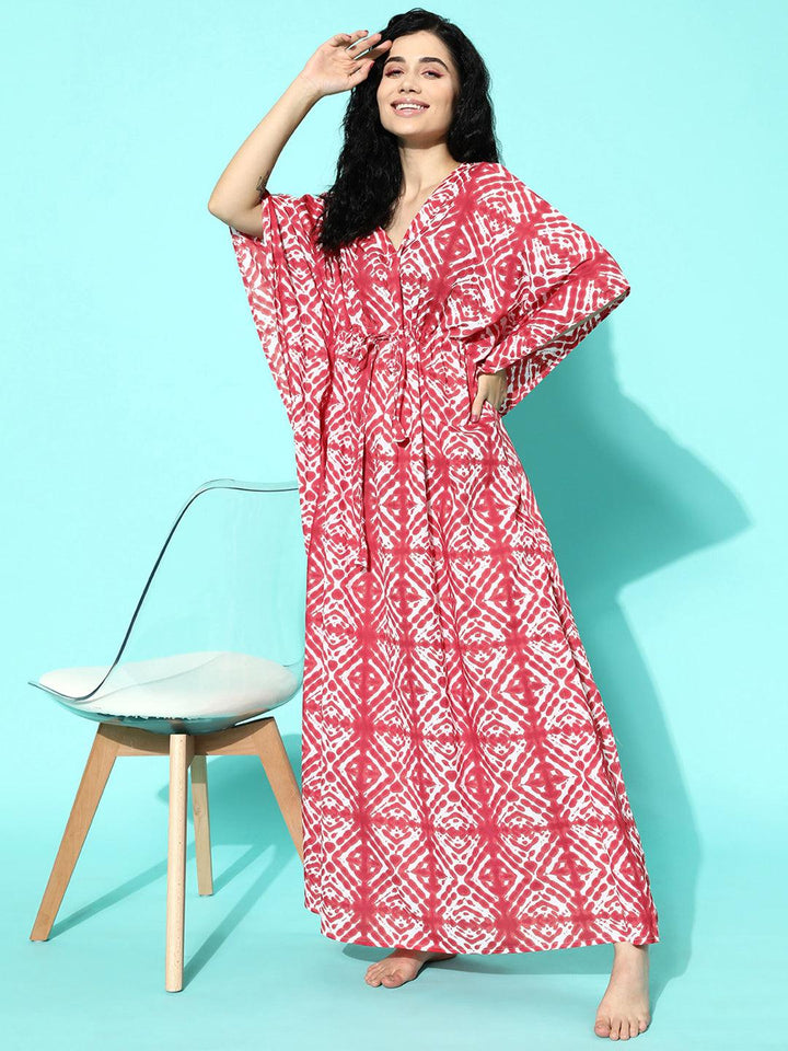 Red Printed Cotton Nightdress - Libas