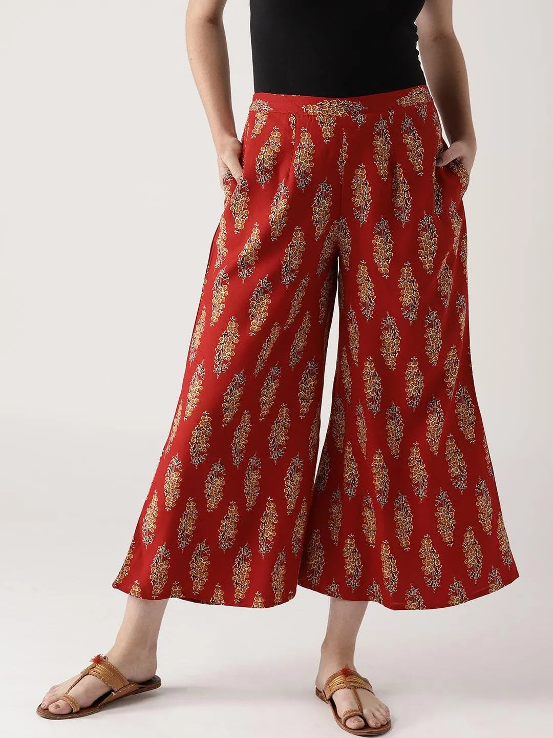 Red Printed Cotton Palazzos - Libas 