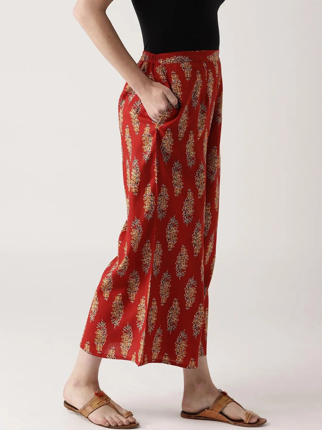 Red Printed Cotton Palazzos - Libas 