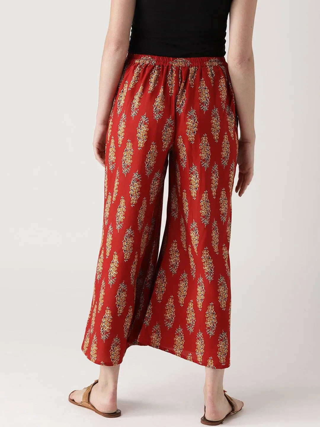 Red Printed Cotton Palazzos - Libas 