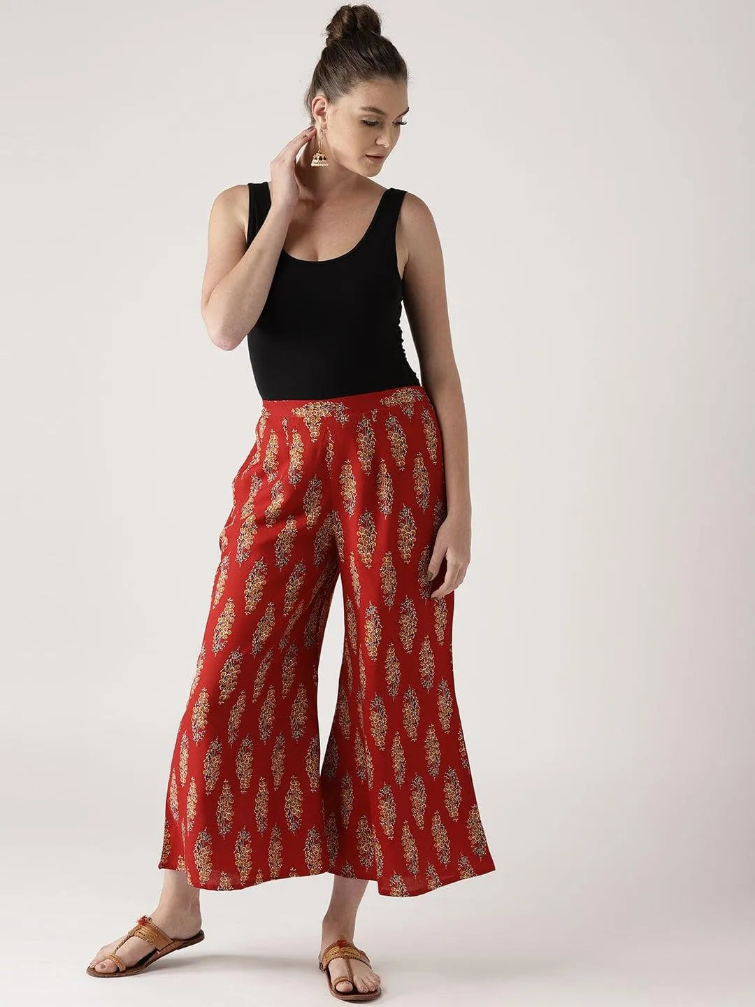 Red Printed Cotton Palazzos - Libas 