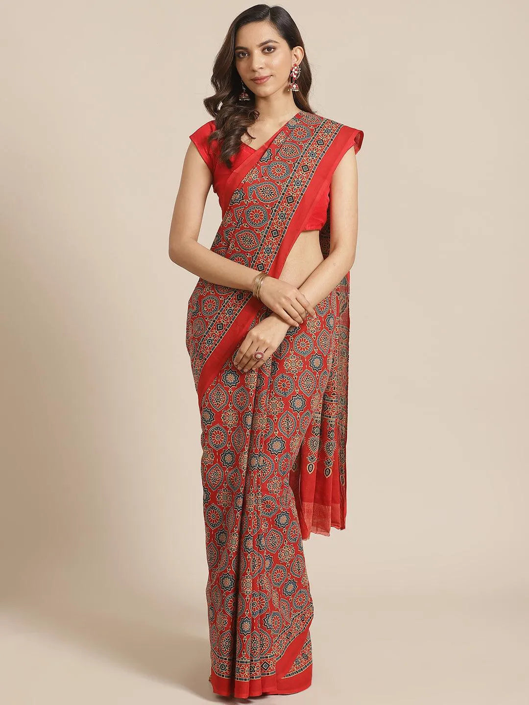 Red Printed Cotton Saree - Libas