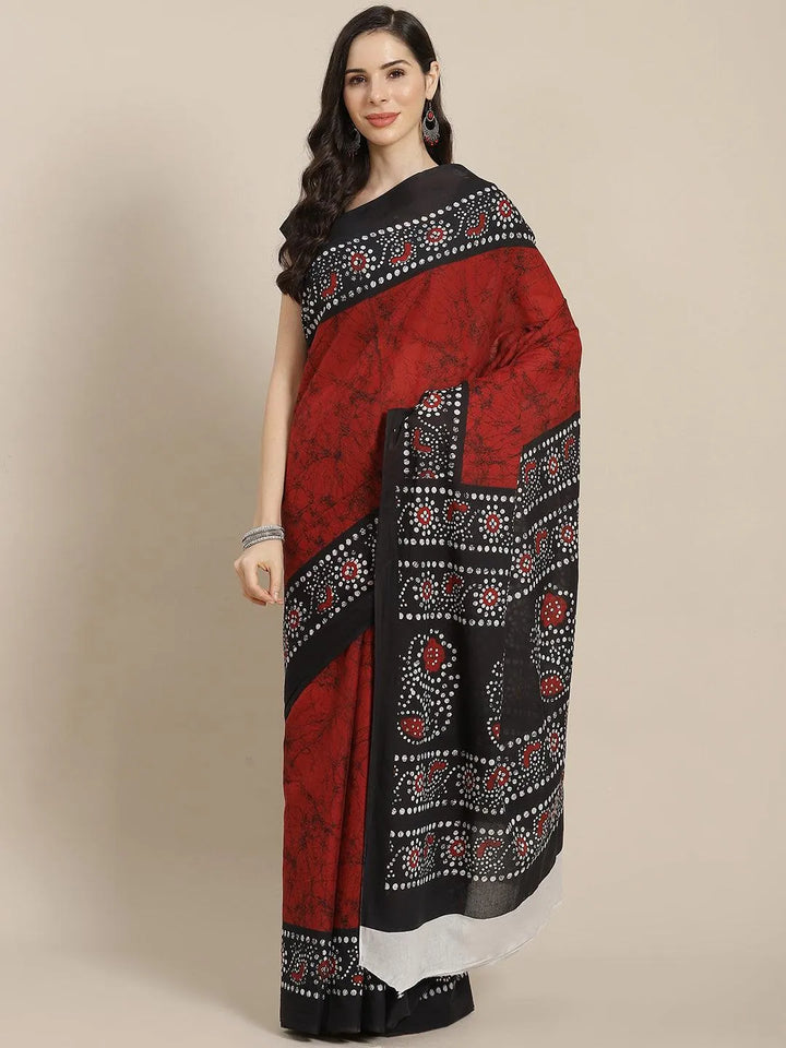 Red Printed Cotton Saree - Libas