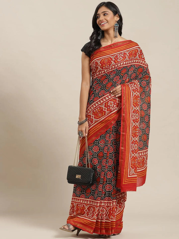 Red Printed Cotton Saree - Libas