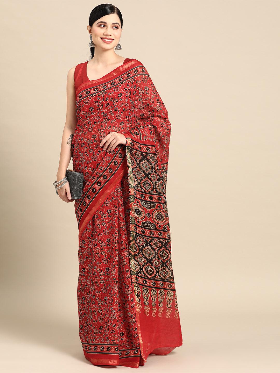 Red Printed Cotton Saree - Libas