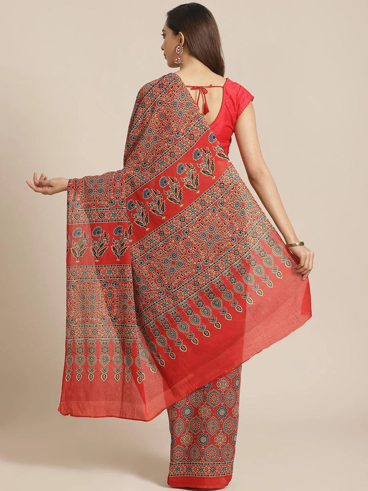 Red Printed Cotton Saree - Libas