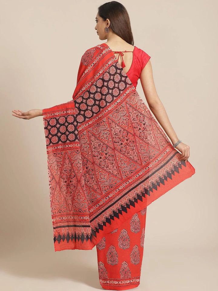 Red Printed Cotton Saree - Libas