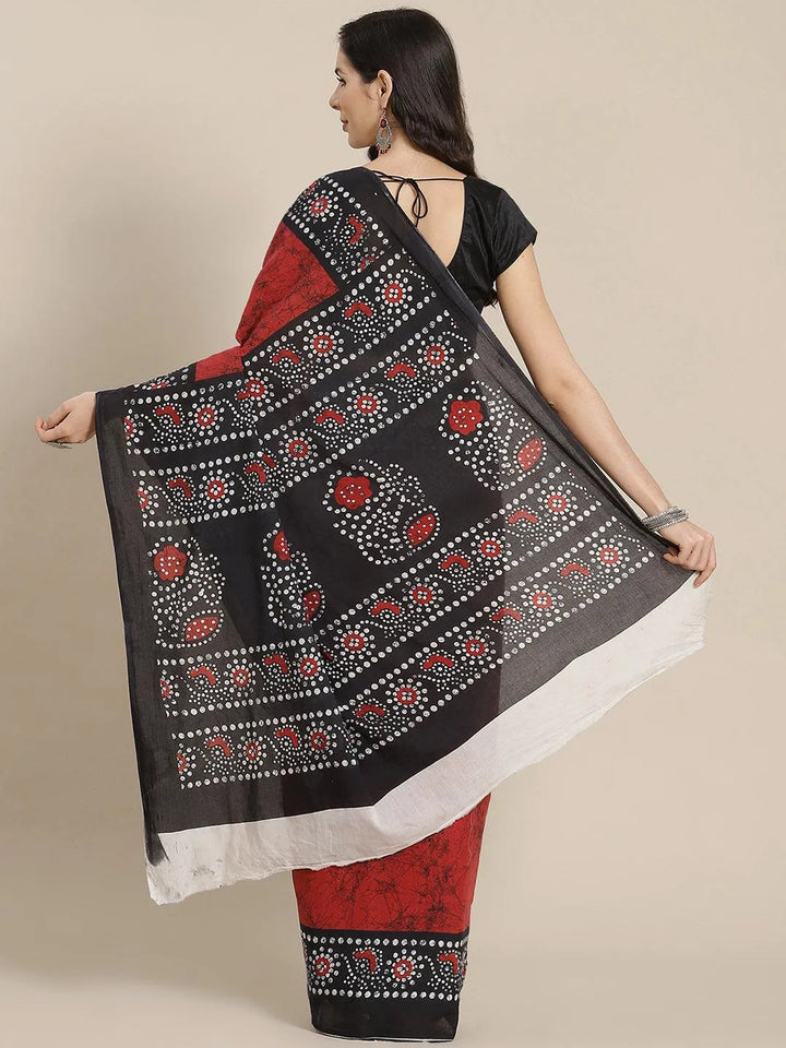 Red Printed Cotton Saree - Libas