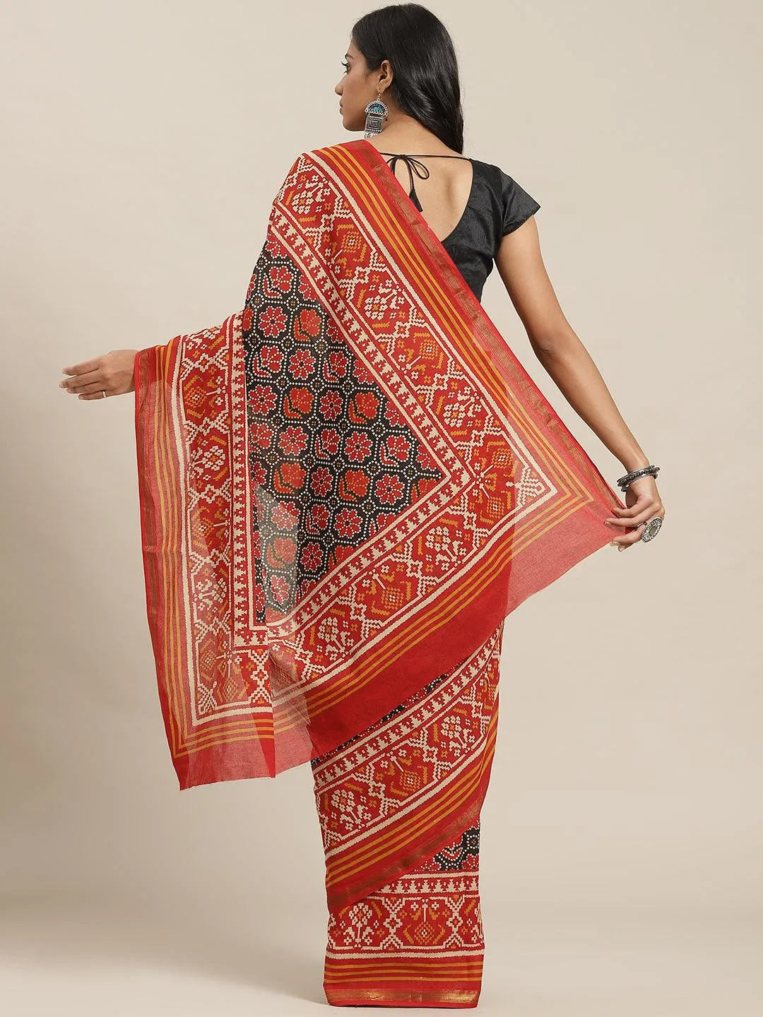 Red Printed Cotton Saree - Libas