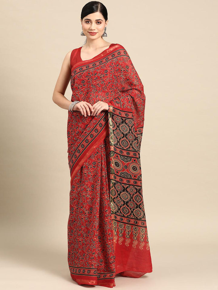 Red Printed Cotton Saree - Libas