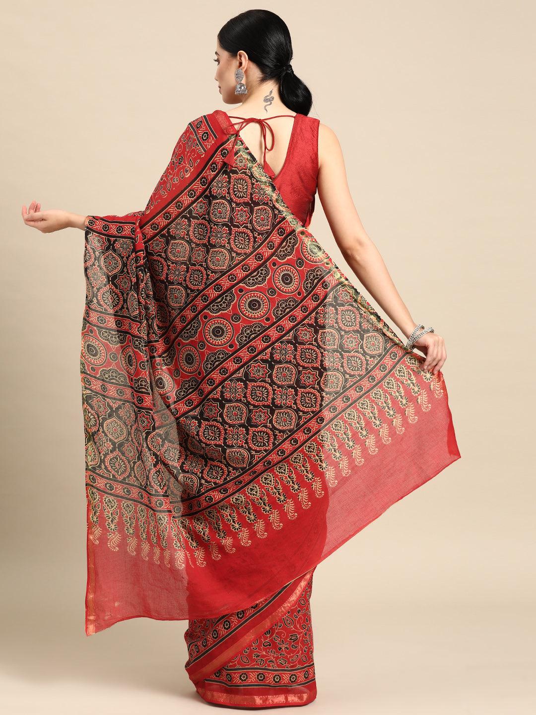 Red Printed Cotton Saree - Libas