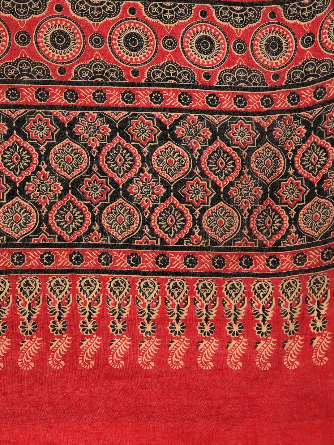 Red Printed Cotton Saree - Libas