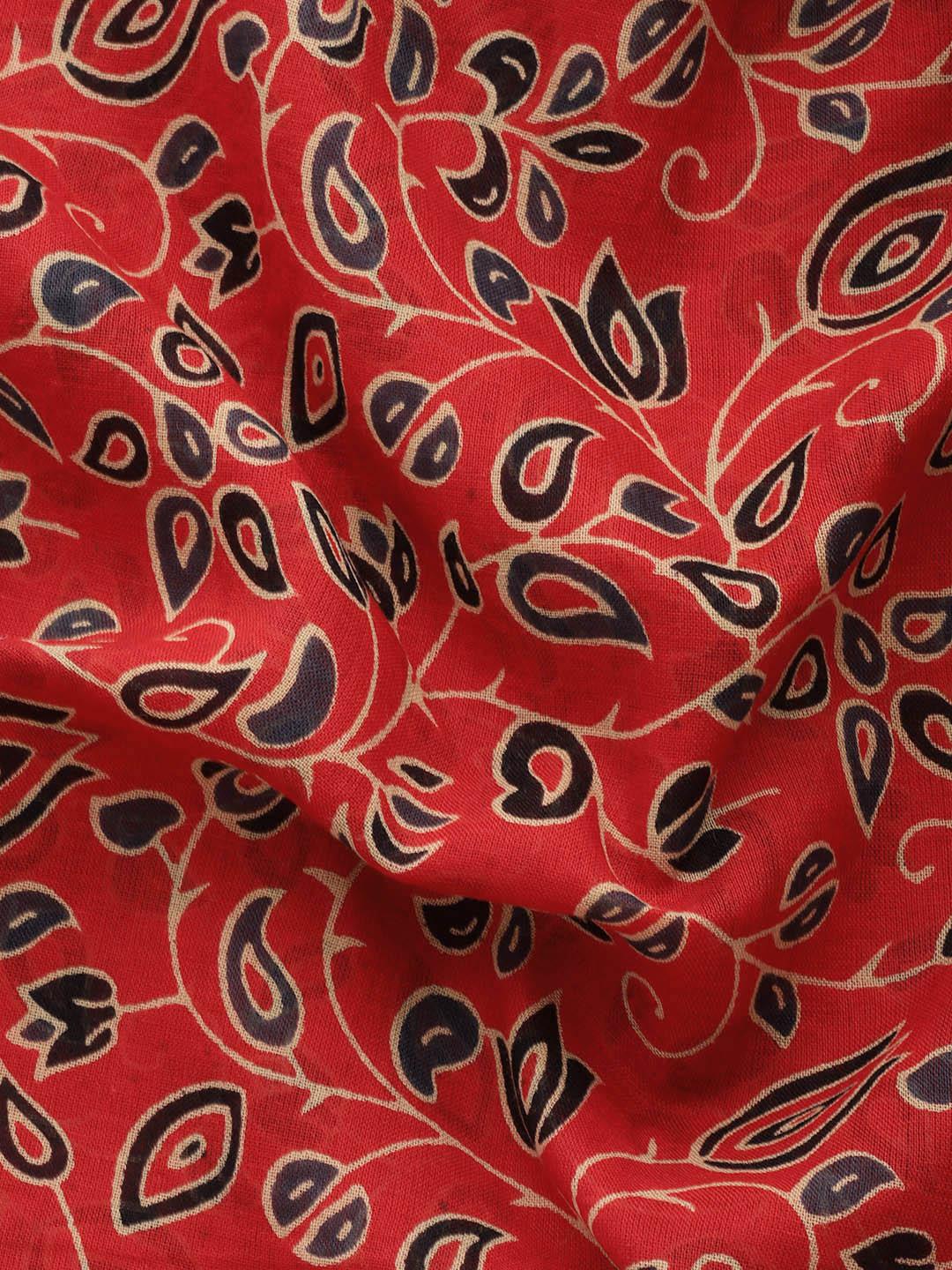 Red Printed Cotton Saree - Libas