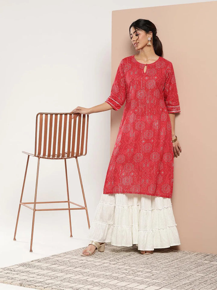 Red Printed Cotton Straight Kurta - Libas