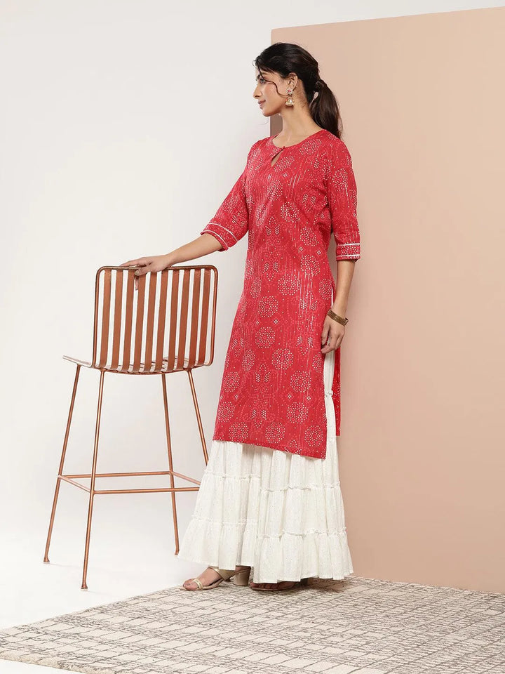 Red Printed Cotton Straight Kurta - Libas