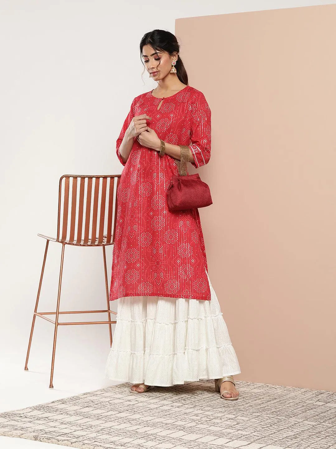 Red Printed Cotton Straight Kurta - Libas