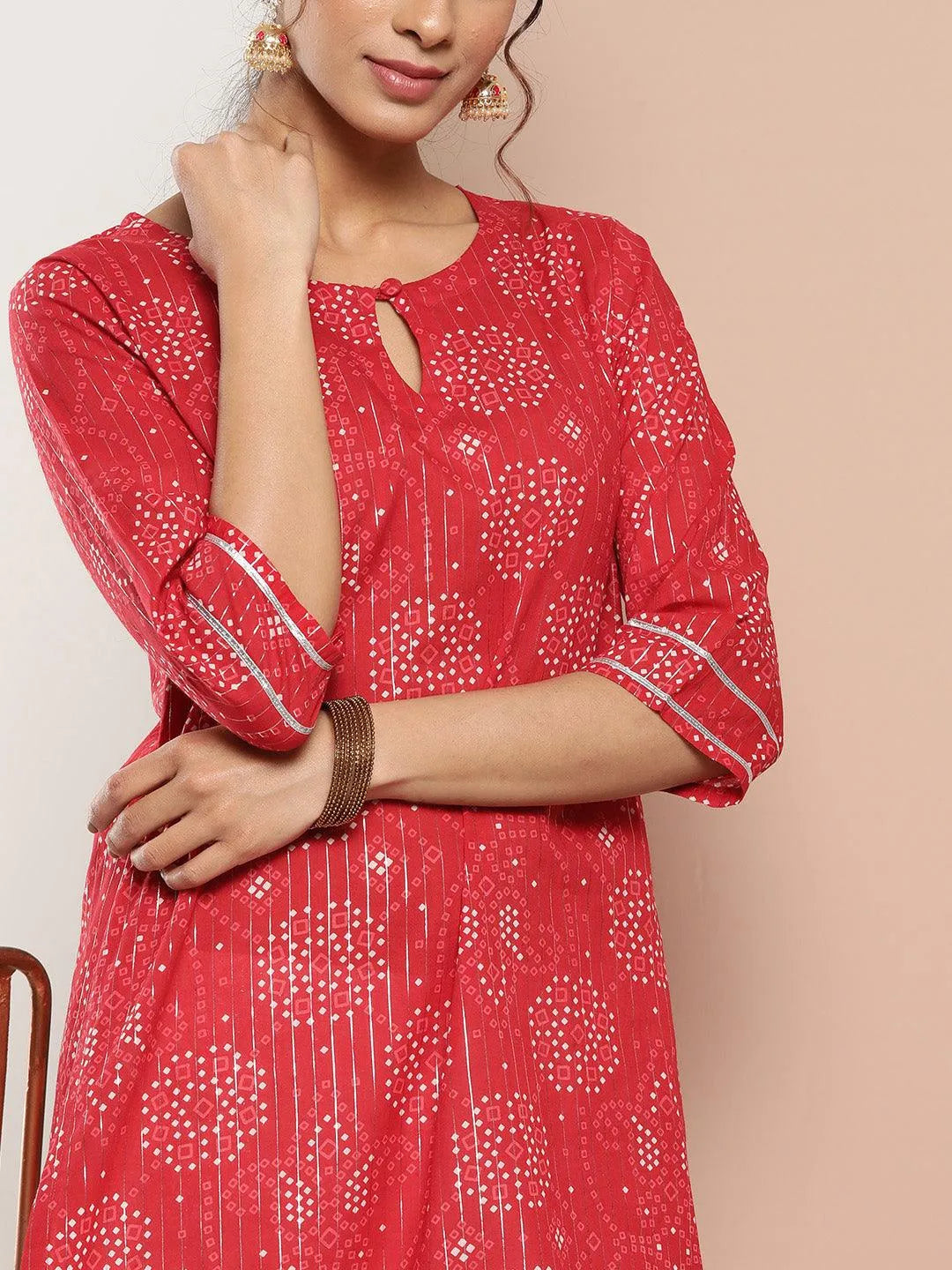 Red Printed Cotton Straight Kurta - Libas