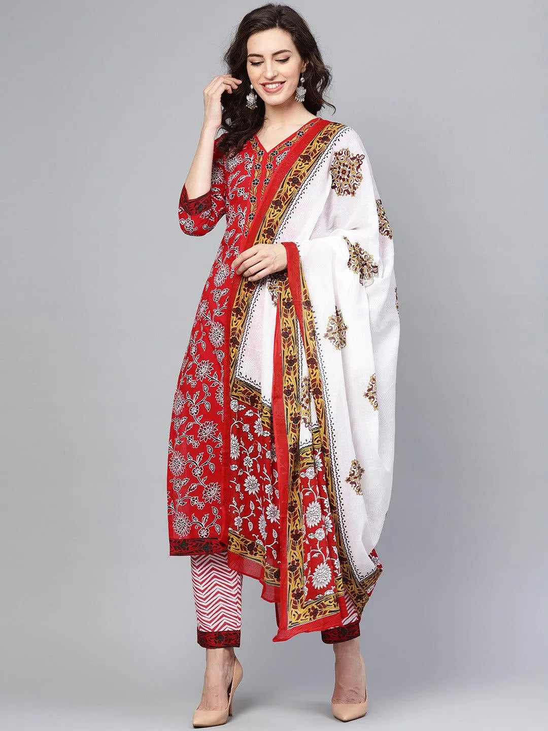 Red Printed Cotton Suit Set - Libas