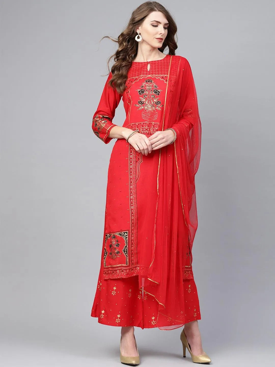 Red Printed Cotton Suit Set - Libas