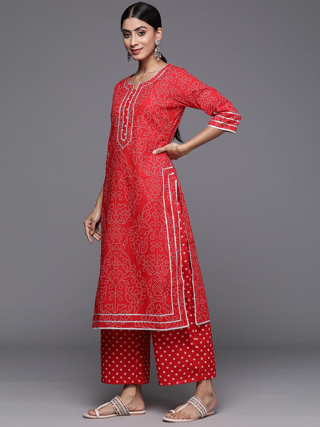 Red Printed Cotton Straight Kurta With Palazzos & Dupatta - Libas