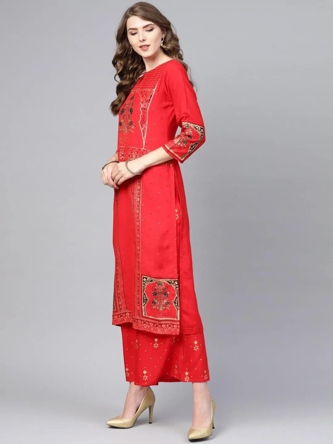 Red Printed Cotton Suit Set - Libas