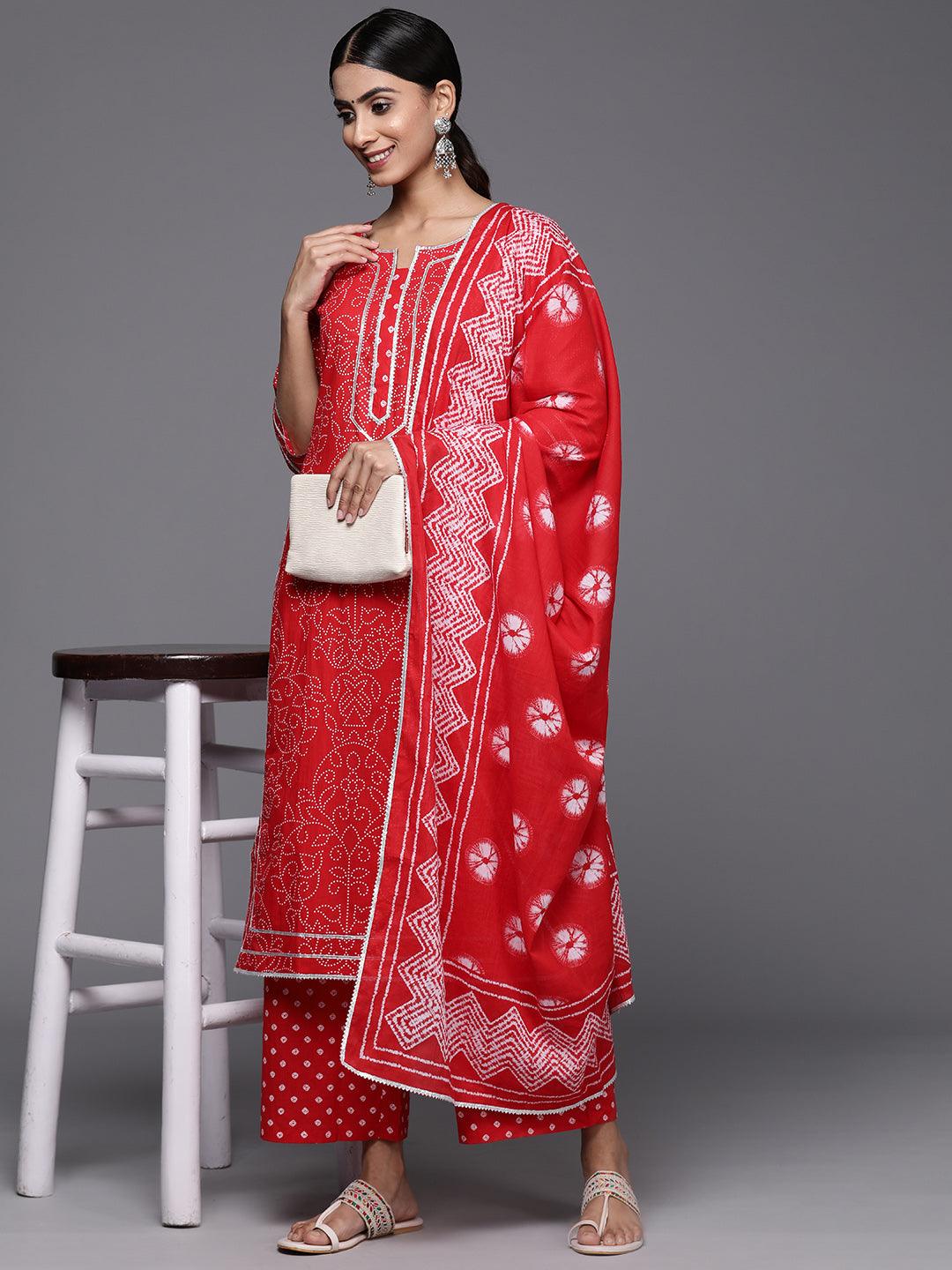 Red Printed Cotton Straight Kurta With Palazzos & Dupatta - Libas 