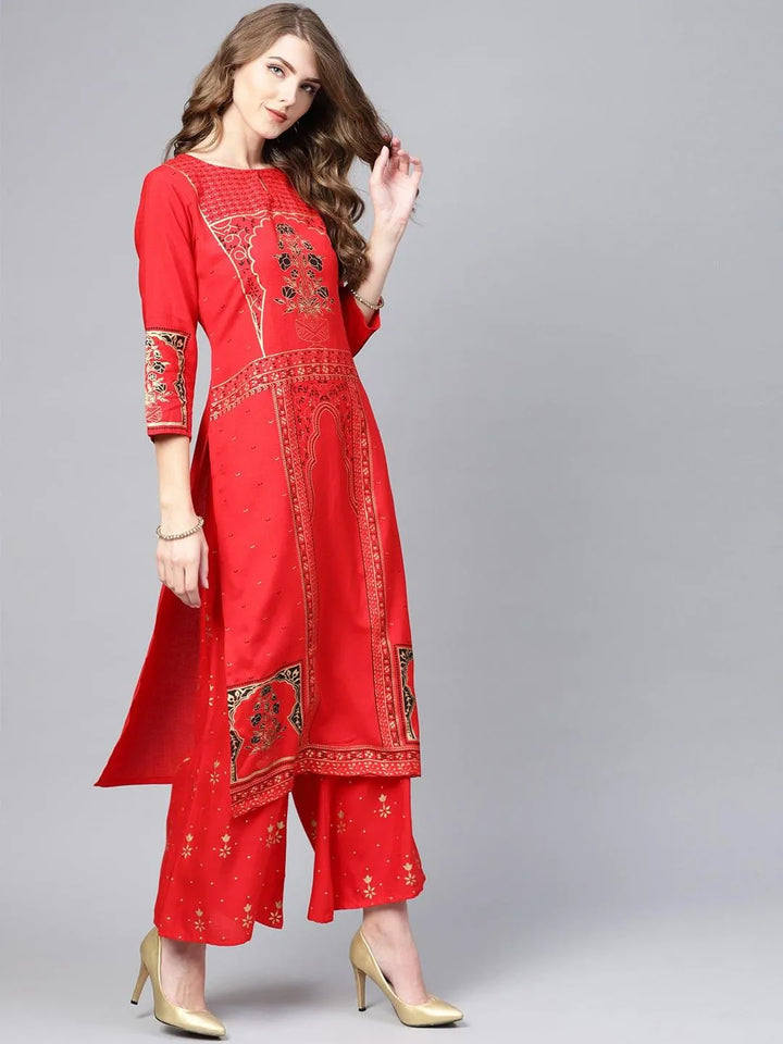 Red Printed Cotton Suit Set - Libas