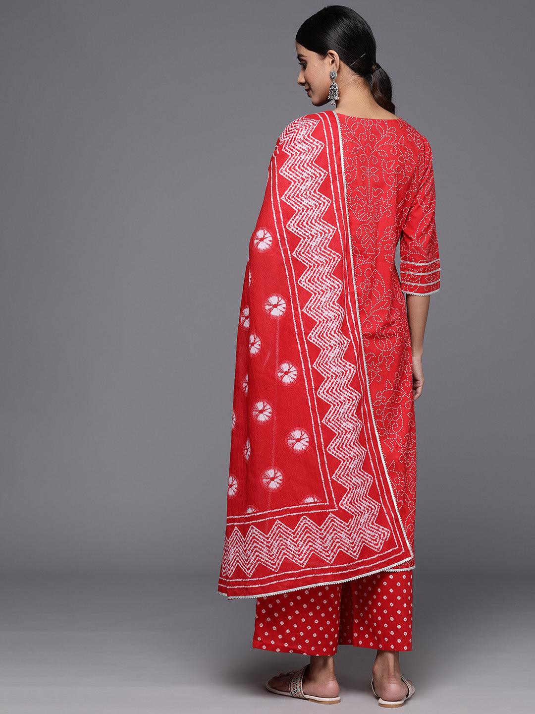 Red Printed Cotton Straight Kurta With Palazzos & Dupatta - Libas