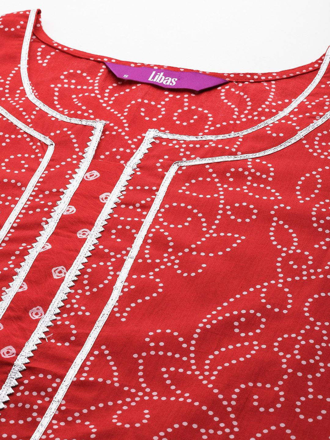 Red Printed Cotton Straight Kurta With Palazzos & Dupatta - Libas 