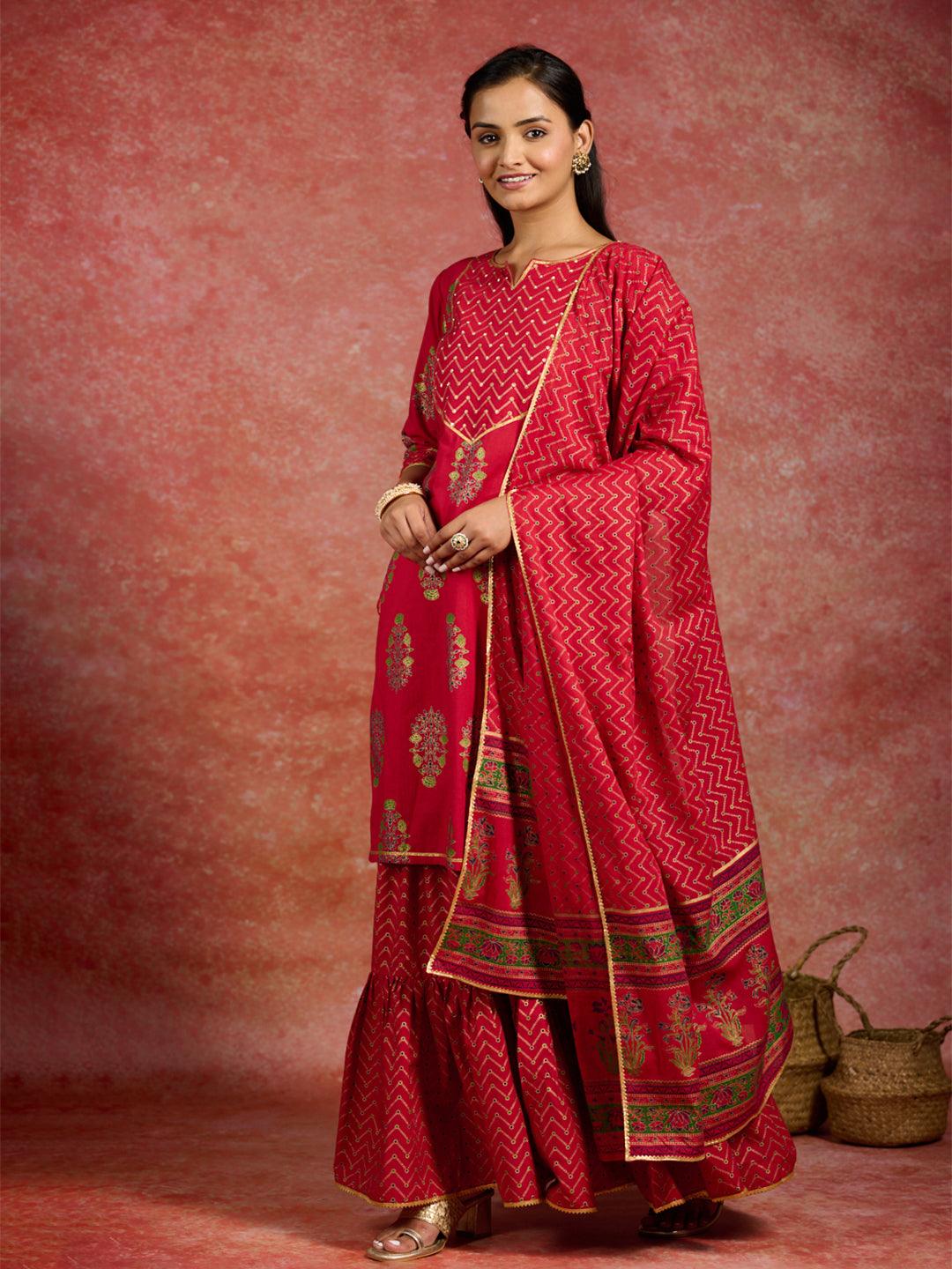 Red Printed Cotton Straight Kurta With Skirt & Dupatta - Libas