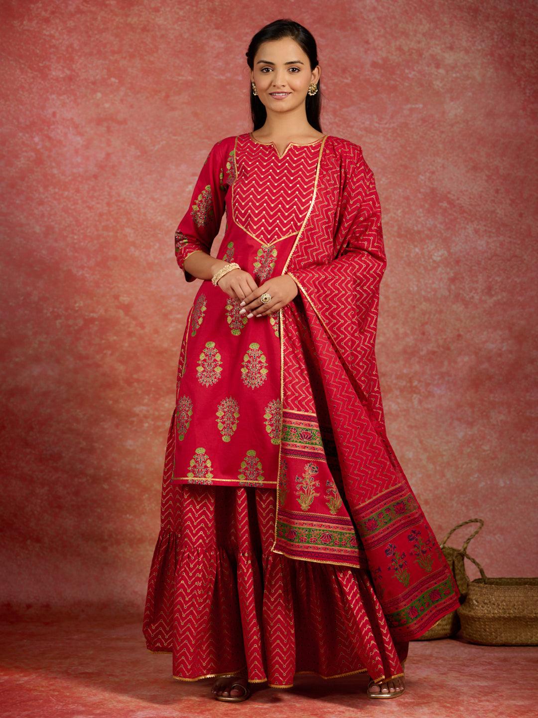 Red Printed Cotton Straight Kurta With Skirt & Dupatta - Libas