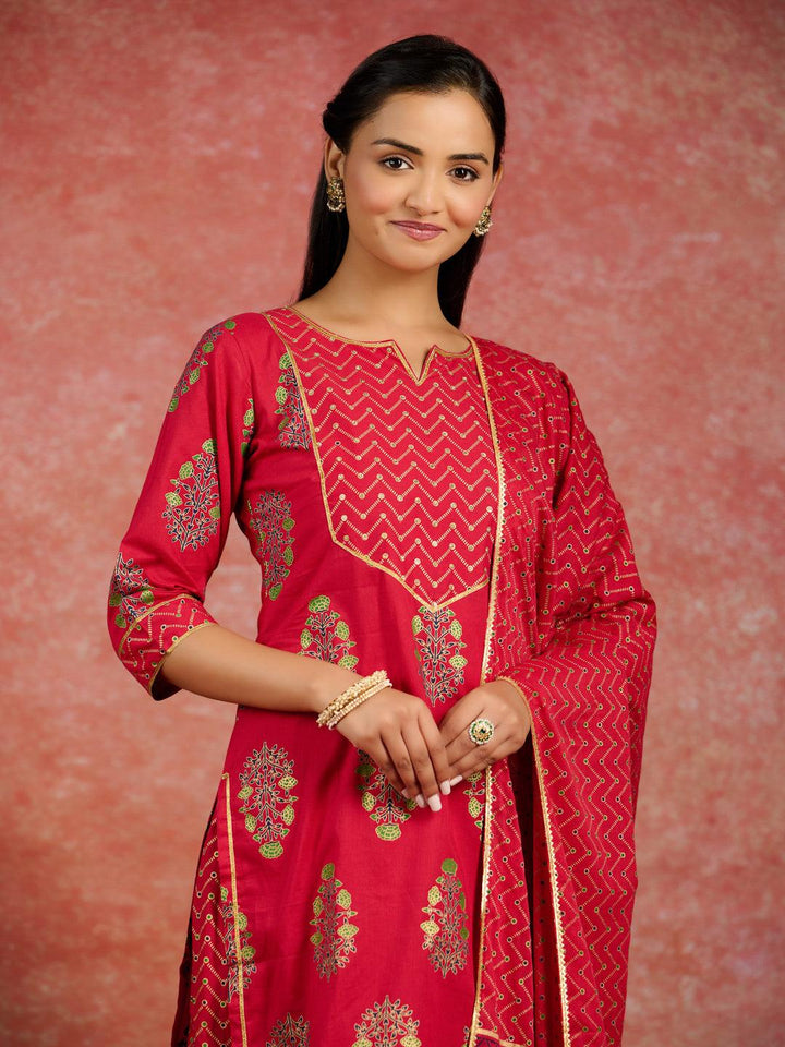 Red Printed Cotton Straight Kurta With Skirt & Dupatta - Libas