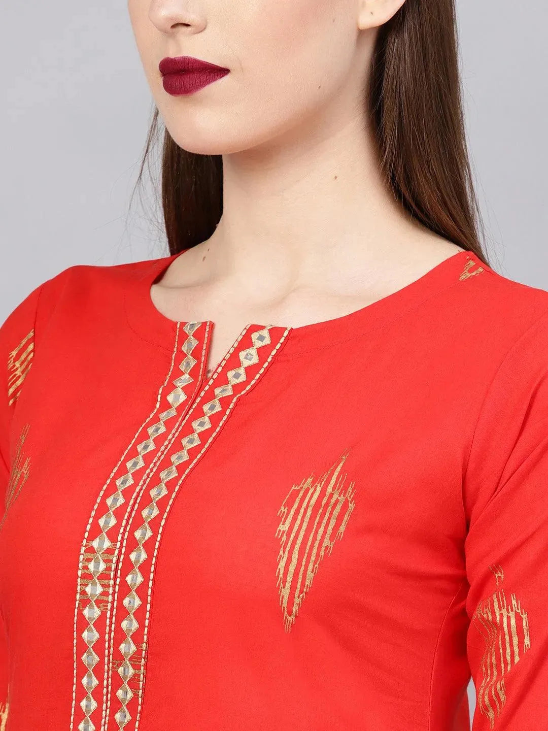 

Red Printed Cotton Straight Kurta With Trousers