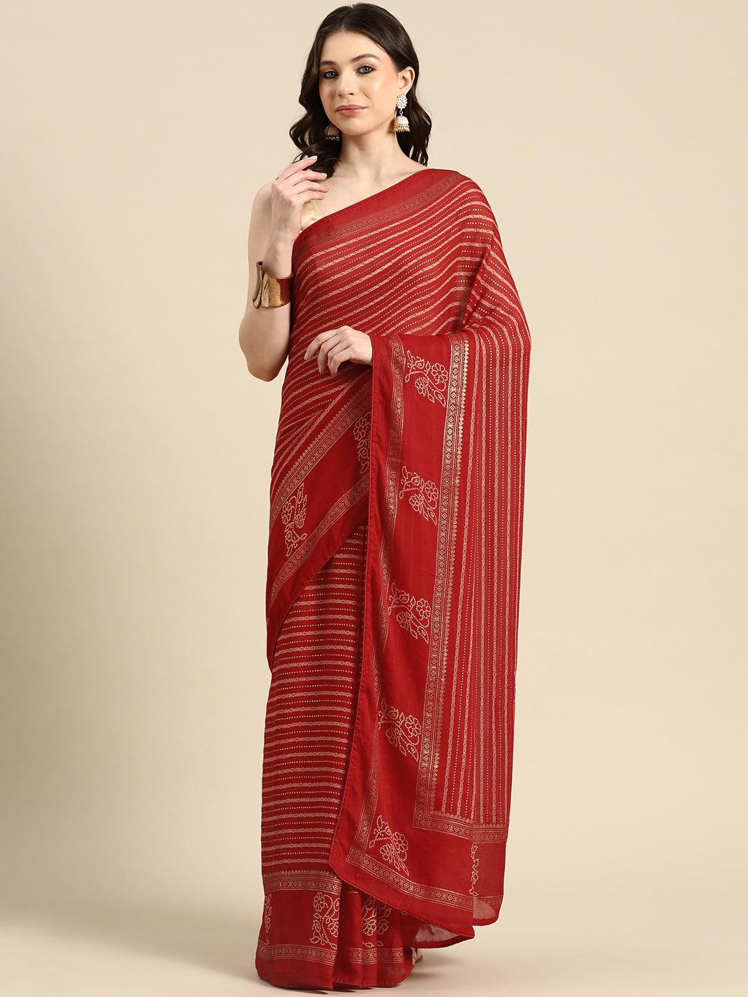 Red Printed Georgette Saree - Libas