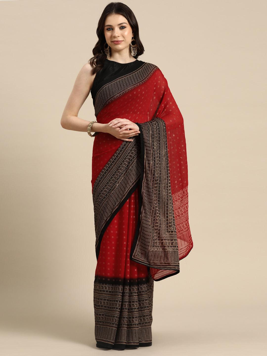 Red Printed Georgette Saree - Libas 