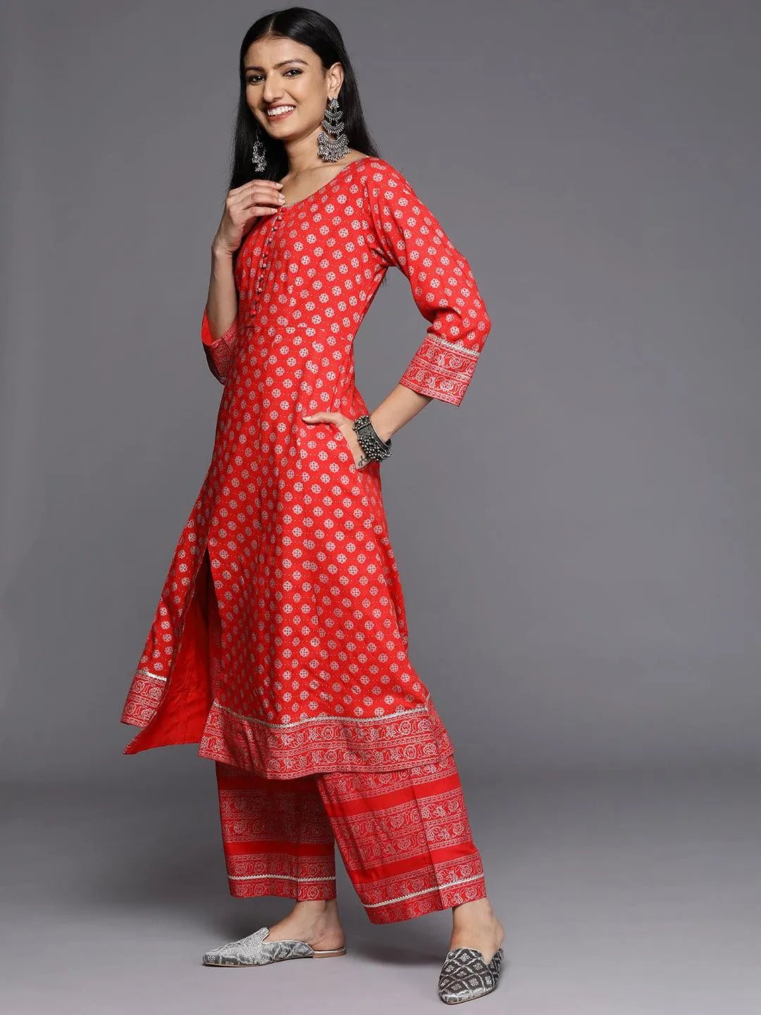 Red Printed Rayon A-Line Kurta - Libas 