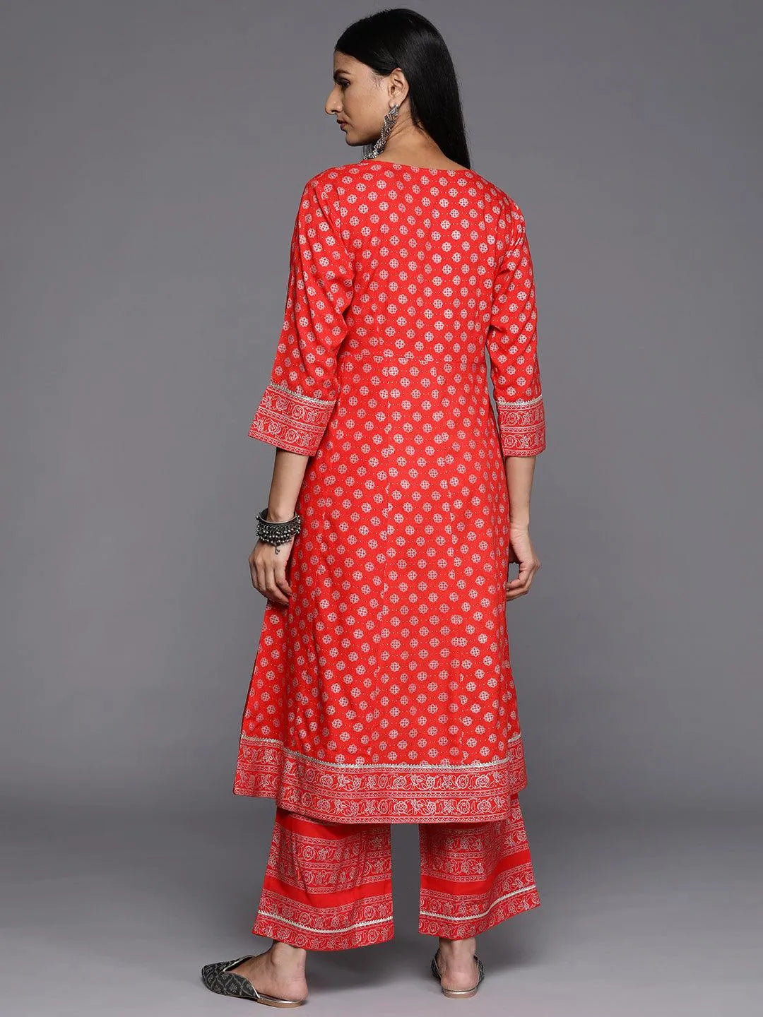 Red Printed Rayon A-Line Kurta - Libas 