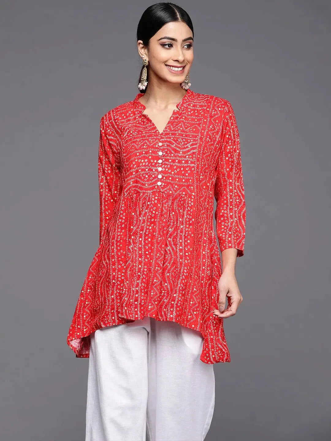 

Red Printed Rayon A-Line Kurti