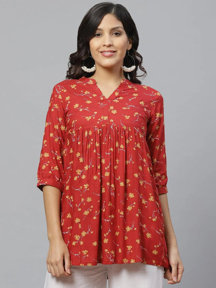 Red Printed Rayon Kurti - Libas