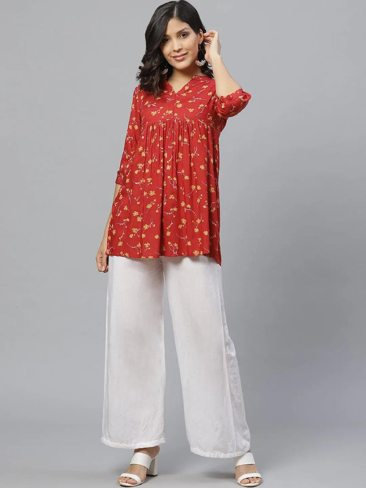 Red Printed Rayon Kurti - Libas