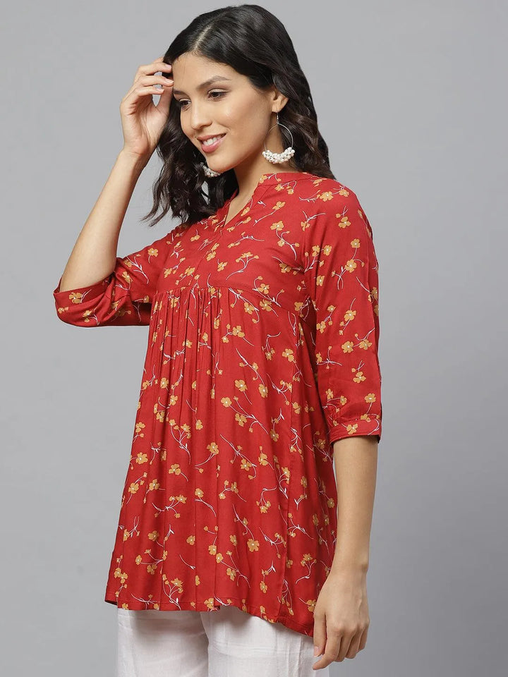 Red Printed Rayon Kurti - Libas