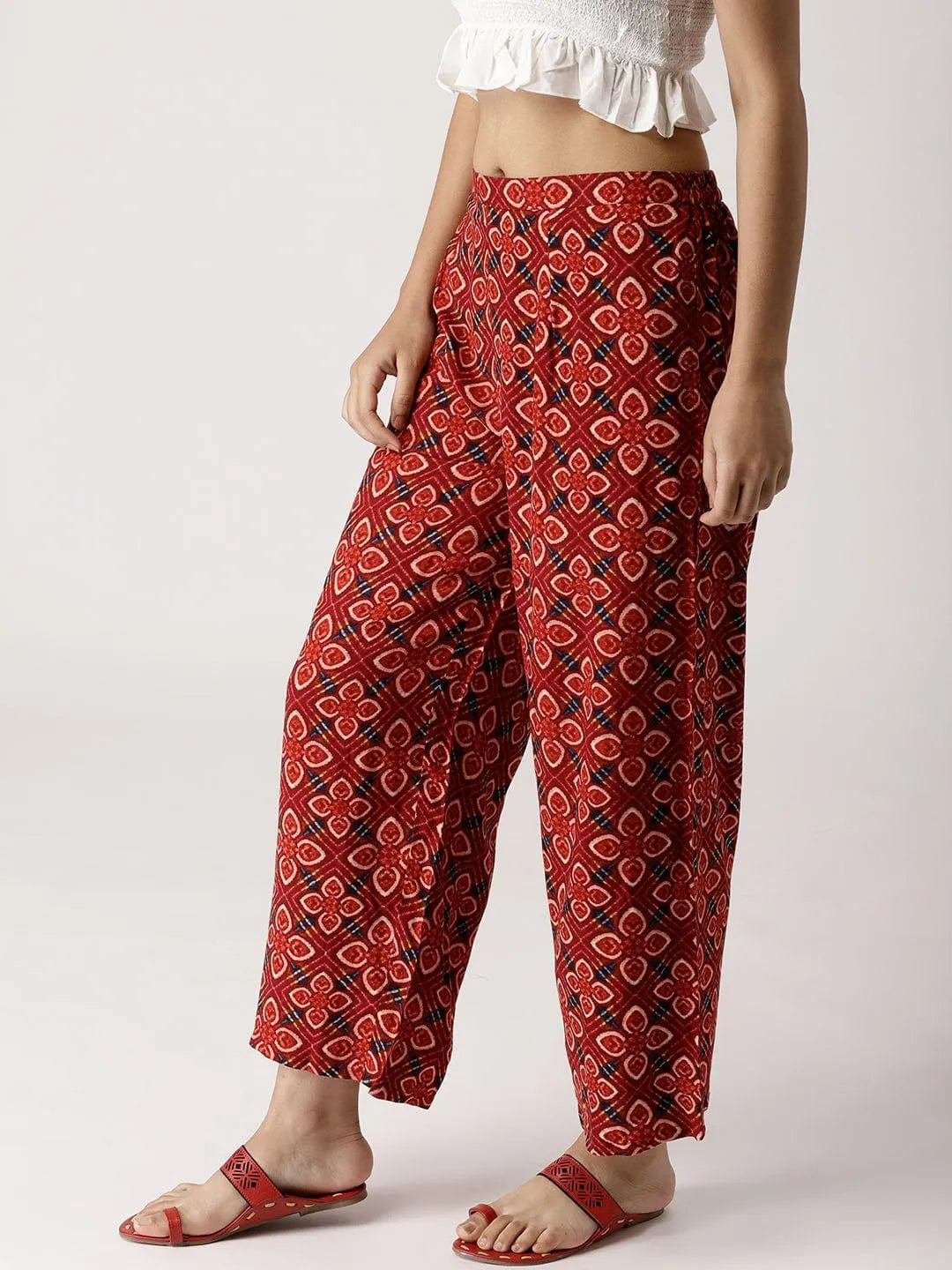 Red Printed Rayon Palazzos - Libas 