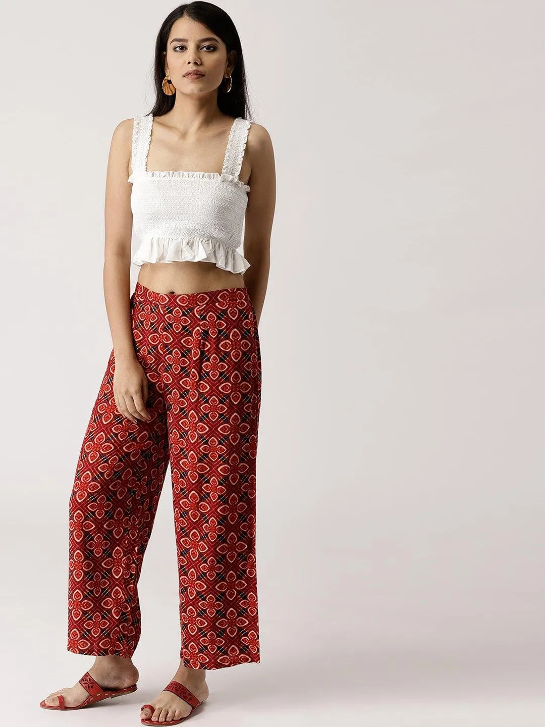 Red Printed Rayon Palazzos - Libas 