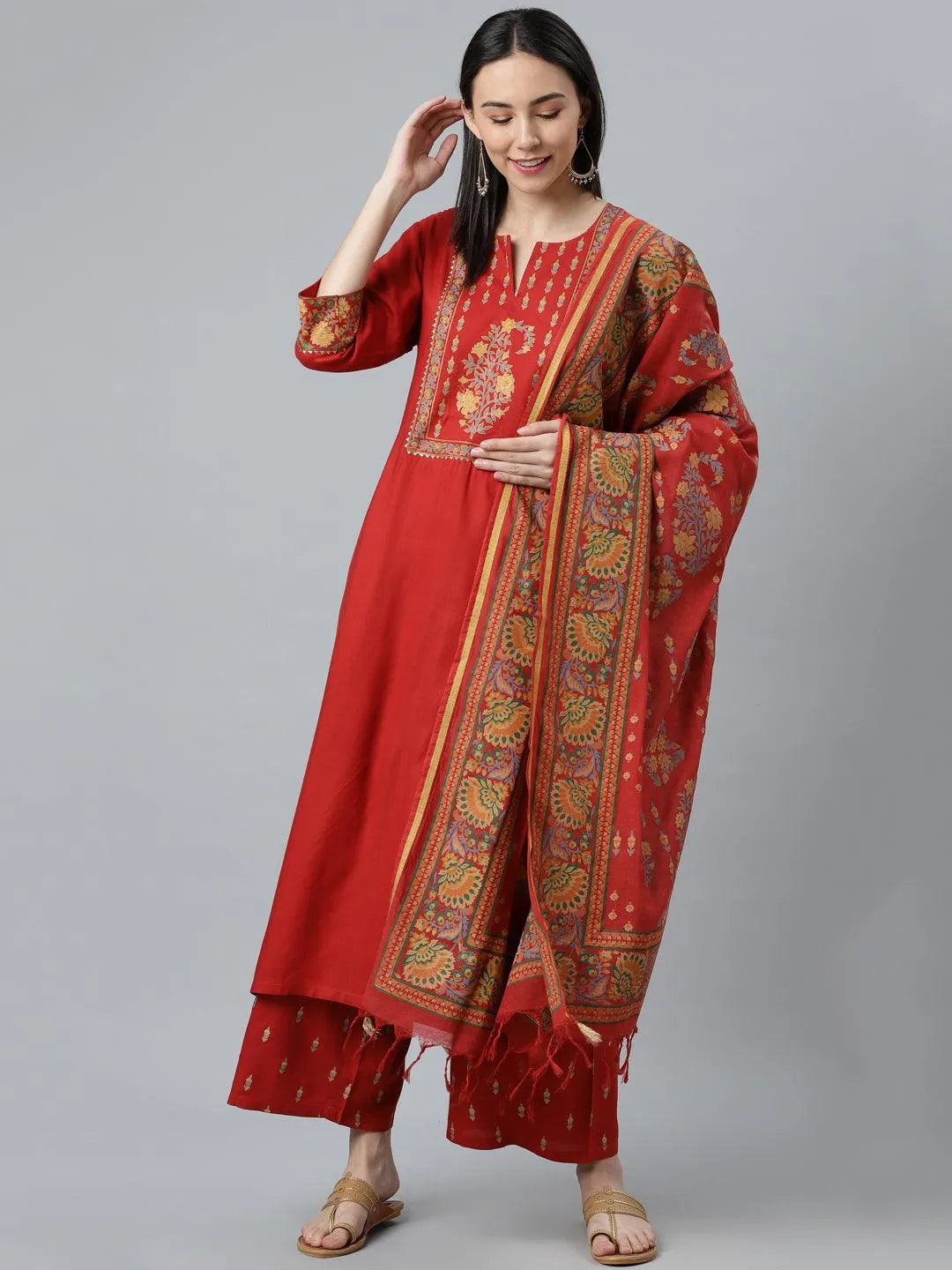 Red Printed Rayon Suit Set - Libas