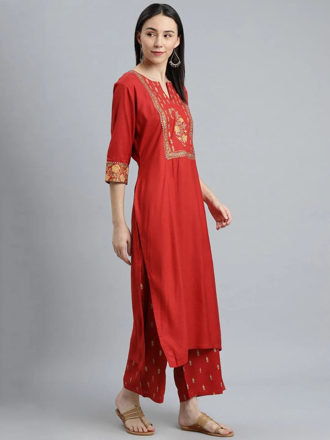 Red Printed Rayon Suit Set - Libas