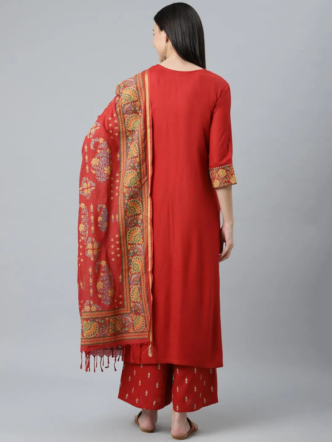 Red Printed Rayon Suit Set - Libas