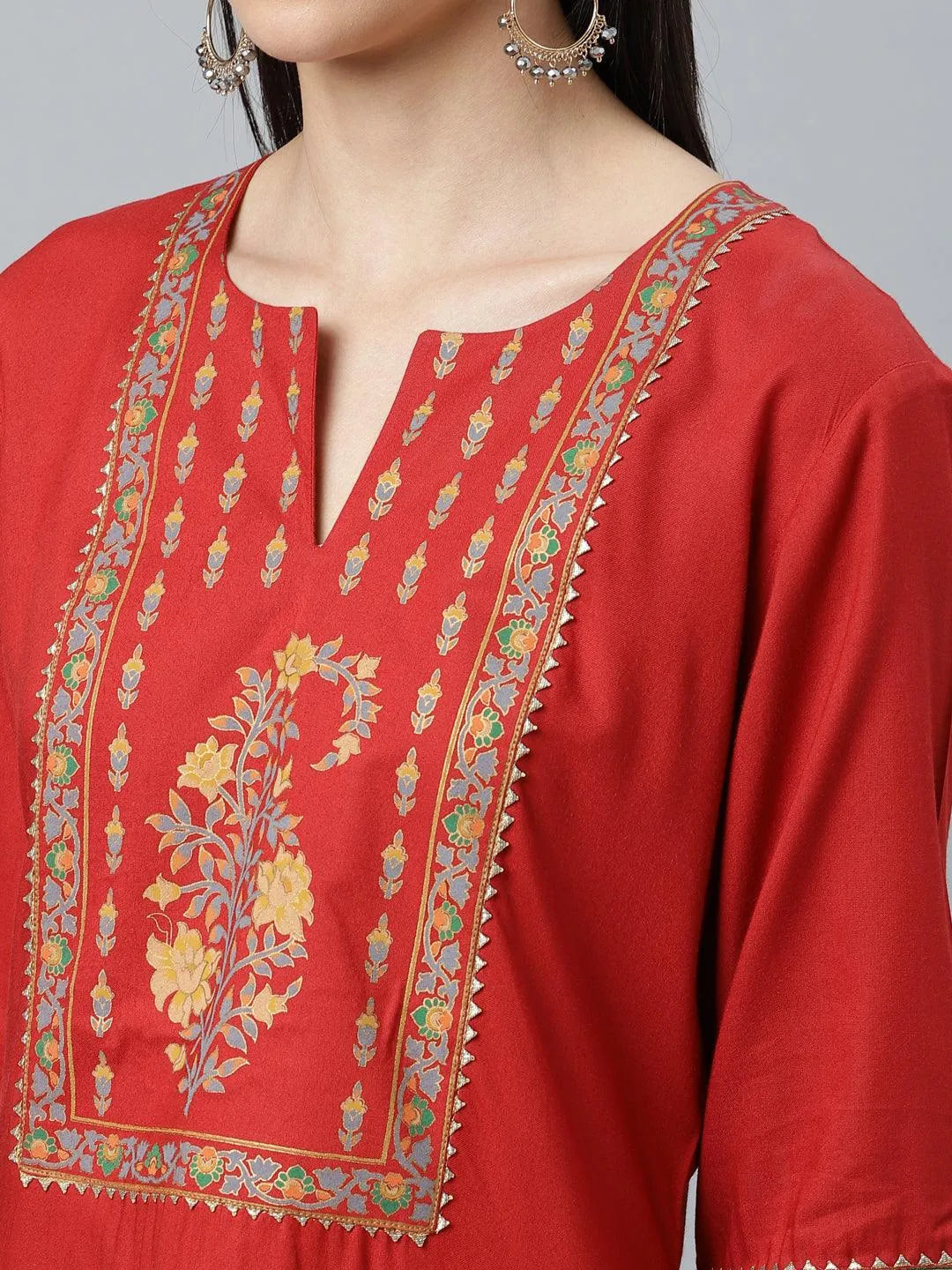 Red Printed Rayon Suit Set - Libas