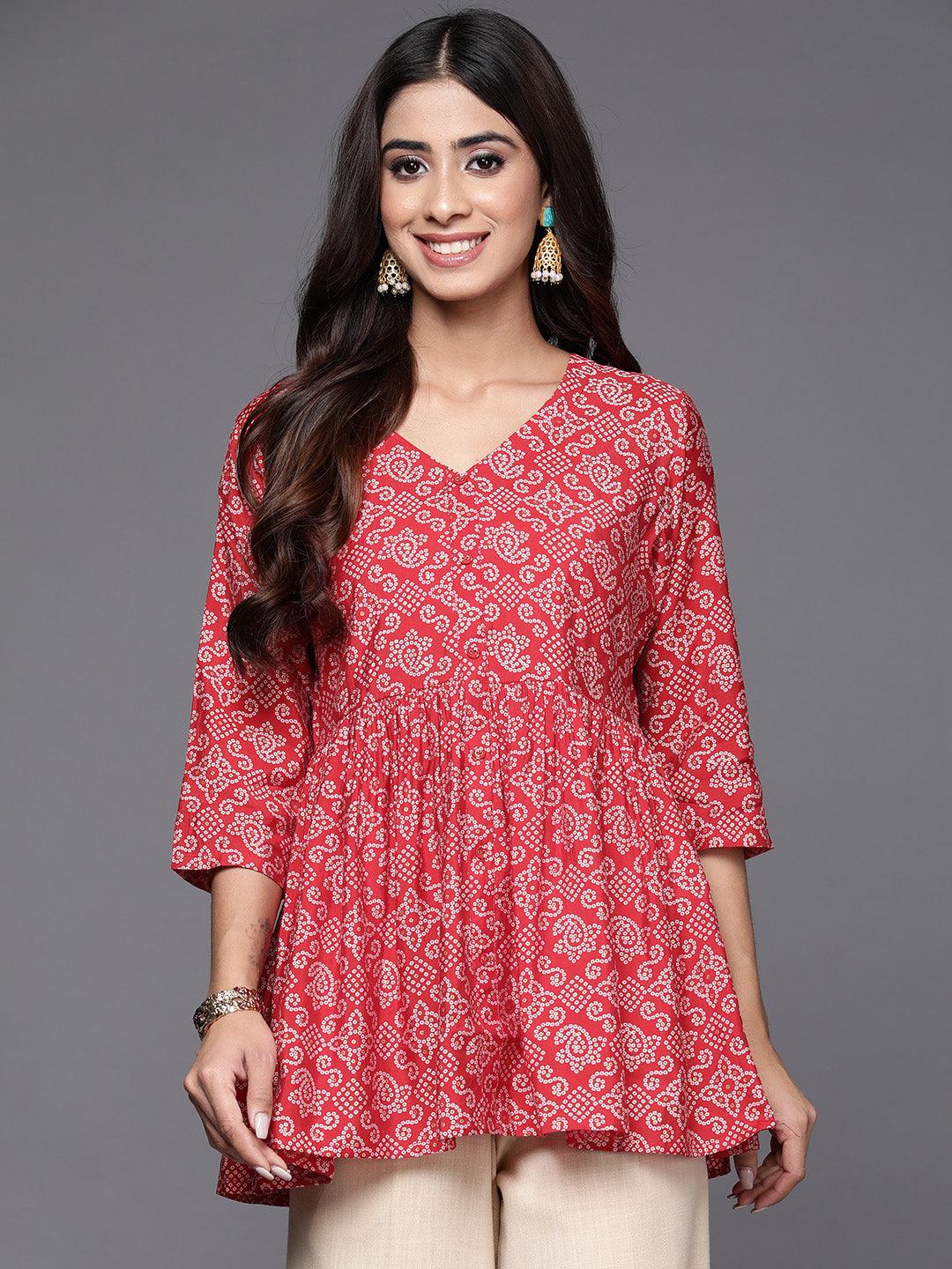 Red Printed Silk Blend A-Line Kurti - Libas