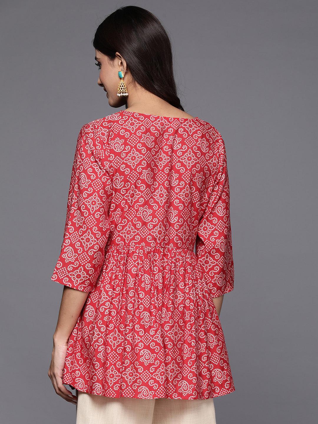 Red Printed Silk Blend A-Line Kurti - Libas