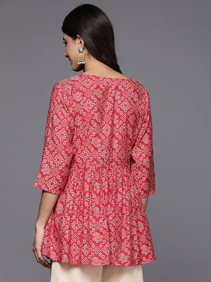 Red Printed Silk Blend A-Line Kurti - Libas